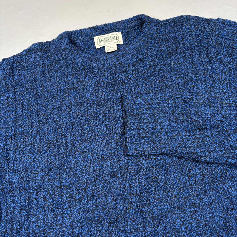Vtg 90s American Eagle Chunky Heavy Knit Wool Sweater Blue Marled Made in USA S